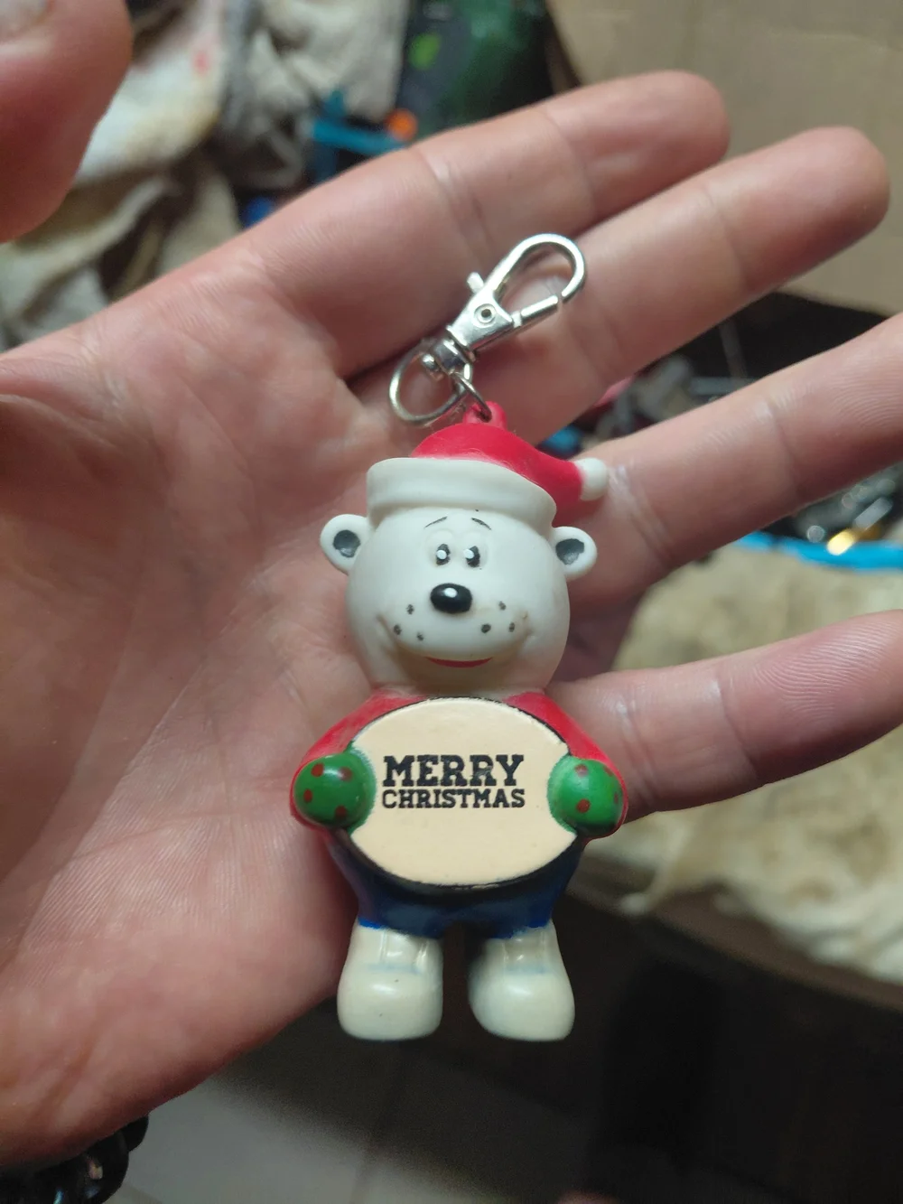Bass Pro Shops Red White Green Bear Merry Christmas Keychain